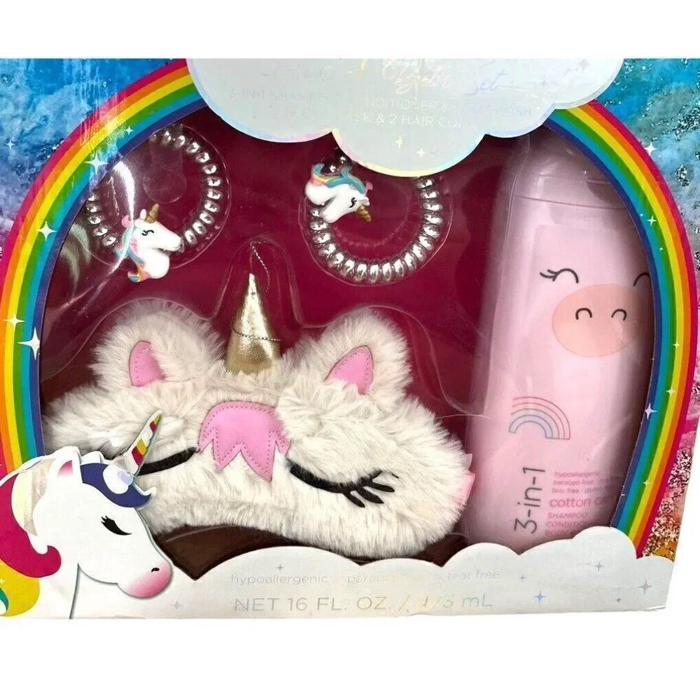 Unicorn 3 in 1 Shampoo Conditioner Body Wash Bath Set Sleep Mask Hair Ties New